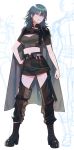  1girl alternate_costume belt blue_eyes blue_hair boots breasts buckle byleth_(fire_emblem) byleth_eisner_(female) cape crop_top detached_leggings etteokiii fire_emblem fire_emblem:_three_houses full_body high_heel_boots high_heels highres long_hair medium_breasts midriff short_sleeves shorts solo white_background 