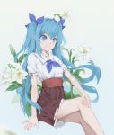  1girl bangs black_ribbon blue_bow blue_eyes blue_hair blue_neckwear bow brown_skirt closed_mouth collarbone collared_shirt floating_hair flower grey_background hair_between_eyes hair_bow hand_on_own_knee hatsune_miku high-waist_skirt highres invisible_chair long_hair miniskirt nakor. pleated_skirt ribbon ribbon-trimmed_sleeves ribbon_trim shiny shiny_skin shirt short_sleeves simple_background sitting skirt smile solo very_long_hair vocaloid white_flower white_shirt wing_collar 