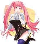  1girl belt blue_legwear character_name fire_emblem fire_emblem:_three_houses garreg_mach_monastery_uniform high_heels highres hilda_valentine_goneril long_hair open_mouth pink_eyes pink_hair simple_background solo sou_mei thigh-highs twintails uniform 