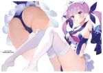  1girl :o absurdres adapted_costume anchor_print ass azur_lane bare_shoulders blue_hair blush braid breasts collarbone detached_sleeves gloves hair_ribbon headdress highres hololive knees_up long_hair looking_at_viewer matsui_hiroaki medium_breasts minato_aqua multicolored_hair multiple_views no_shoes one-piece_swimsuit parted_lips purple_hair ribbon sailor_collar simple_background streaked_hair swimsuit thigh-highs thighs twintails two-tone_hair violet_eyes virtual_youtuber white_background white_gloves white_legwear 