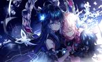  2girls absurdres bangs black_gloves blue_eyes blue_flower blue_hair closed_eyes closed_mouth elsword eyebrows_visible_through_hair fingerless_gloves floating_hair flower gloves grin hair_between_eyes hair_flower hair_ornament highres holding_hands interlocked_fingers laby_(elsword) lium long_hair multiple_girls nisha_(elsword) pink_hair shiny shiny_hair smile very_long_hair 