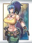  1girl abs bare_shoulders belt biceps blue_hair breasts camouflage dog_tags earrings eyes fighting_stance gloves green_eyes highres jewelry leona_heidern midriff military muscle pants ponytail pouch shoulders sleeveless standing tank_top the_king_of_fighters the_king_of_fighters_xiv uniform 