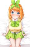  1girl bangs bare_thighs bed blue_eyes blush bow bowtie breasts closed_mouth collared_shirt commentary_request cowboy_shot eyebrows_behind_hair go-toubun_no_hanayome green_bow green_hairband green_ribbon green_skirt hair_ribbon hairband highres knees_together_feet_apart large_breasts looking_at_viewer nakano_yotsuba nose_blush on_bed orange_hair plaid plaid_bow pleated_skirt ribbon school_uniform shirt short_hair short_sleeves sidelocks simple_background sitting sitting_on_bed skirt solo sweater sweater_vest swept_bangs wavy_mouth white_background white_shirt yellow_sweater yumemo 