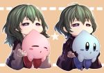  1boy 1girl alternate_color biting black_gloves blue_eyes blue_kirby blush_stickers brother_and_sister byleth_(fire_emblem) byleth_eisner_(female) byleth_eisner_(male) byleth_eisner_(female) byleth_eisner_(male) chibi closed_eyes dual_persona female_my_unit_(fire_emblem:_three_houses) fire_emblem fire_emblem:_three_houses fire_emblem:_three_houses fire_emblem_16 gloves green_hair hal_laboratory_inc. highres holding hoshi_no_kirby human intelligent_systems kirby kirby_(series) kirby_(specie) male_my_unit_(fire_emblem:_three_houses) medium_hair my_unit_(fire_emblem:_three_houses) nakabayashi_zun nintendo open_mouth pink_puff_ball short_hair siblings sora_(company) super_smash_bros. super_smash_bros._ultimate super_smash_bros_brawl 