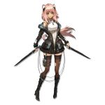  1girl animal_ear_fluff arknights bangs barcode_tattoo bare_shoulders black_footwear black_jacket blush bodysuit boots breastplate breasts brown_eyes brown_legwear chipmunk_girl chipmunk_tail dual_wielding full_body gravel_(arknights) guardless_sword headgear headset high_heel_boots high_heels holding holding_sword holding_weapon jacket knee_boots long_sleeves looking_at_viewer medium_breasts official_art open_clothes open_jacket partial_bodysuit pink_hair ryuuzaki_ichi sidelocks skin_tight sleeveless smile sword tachi-e tattoo thick_eyebrows thigh-highs thigh_strap torn_clothes torn_legwear transparent_background unzipped weapon white_bodysuit wristband zettai_ryouiki 