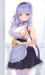  1girl apron azur_lane bangs bare_shoulders black_hairband blush breasts commentary_request dido_(azur_lane) earrings eyebrows_visible_through_hair frills gedou_(shigure_seishin) hairband highres holding huge_breasts jewelry large_breasts long_hair looking_at_viewer maid maid_dress pink_eyes silver_hair sleeveless solo thigh-highs under_boob underboob_cutout waist_apron white_apron white_legwear 