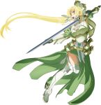  armor blonde_hair boobplate braid breastplate green_eyes holding holding_sword holding_weapon leafa long_hair pointy_ears ponytail sword sword_art_online sword_art_online_alicization twin_braids very_long_hair weapon white_legwear 