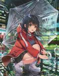  1girl :d absurdres bangs black_hair black_skirt blush boots bow bowtie breasts building city commentary_request eyebrows_visible_through_hair full_body green_eyes highres holding holding_umbrella hood hood_down huge_filesize jacket knee_boots kurokuro_illust long_hair long_sleeves looking_at_viewer medium_breasts miniskirt night open_clothes open_jacket open_mouth original outdoors pleated_skirt rain red_bow red_jacket red_neckwear reflective_floor skirt smile solo squatting transparent transparent_umbrella umbrella unzipped water white_footwear zipper 