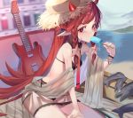  1girl absurdres arknights bare_shoulders bikini black_bikini black_ribbon blush braid breasts day eating electric_guitar fish food guitar hair_ornament hair_ribbon hat highres holding horns instrument leaning_forward long_hair looking_at_viewer outdoors pointy_ears popsicle red_eyes redhead ribbon side-tie_bikini sitting small_breasts solo ssangbong-llama star star_hair_ornament straw_hat sweatdrop swimsuit twin_braids very_long_hair vigna_(arknights) 