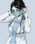  aqua_background black_hair brown_eyes cape doctor half-closed_eyes highres mask_pull original randomuselessd1 stethoscope surgical_mask tied_hair white_cape 