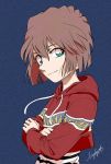  1girl aqua_eyes bangs blue_background brown_hair closed_mouth crossed_arms daylight919 eyebrows_visible_through_hair haibara_ai hair_between_eyes highres hood hooded_sweater long_sleeves looking_at_viewer meitantei_conan red_sweater short_hair signature smile solo sweater 