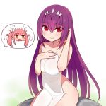 !!? 2girls bangs blush chan_co fate/grand_order fate_(series) female_only hair_between_eyes headpiece heart light_smile looking_at_viewer medb_(fate)_(all) medb_(swimsuit_saber)_(fate) multiple_girls naked_towel no_bra no_panties open_mouth pink_hair red_eyes scathach_(fate)_(all) scathach_skadi_(fate/grand_order) side_ponytail simple_background spoken_character tiara towel twintails white_background