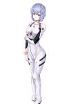  1girl absurdres ayanami_rei bangs bodysuit breasts breasts_apart closed_mouth eyebrows_visible_through_hair full_body hair_between_eyes highres light_(sdga5524) medium_breasts neon_genesis_evangelion plugsuit red_eyes shiny shiny_hair short_hair silver_hair simple_background solo standing white_background white_bodysuit 