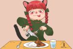  1girl :3 animal_ears artist_name bangs beige_background blunt_bangs bow braid cat_ears cat_tail commentary_request cup curry curry_rice dated dress drink drinking_glass eyebrows_visible_through_hair food frilled_dress frilled_sleeves frills gravy_boat green_dress hair_bow holding holding_spoon kaenbyou_rin long_hair long_sleeves onikobe_rin pink_background pinky_out plate pouring redhead rice simple_background slit_pupils smile solo spoon table tablecloth tail tongue tongue_out touhou twin_braids twintails water 