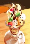  4others artist_name banana bear bird chai chocolate commentary_request food fruit hat highres mint multiple_others no_humans original parfait penguin scarf sitting_on_food strawberry whipped_cream wooden_table 