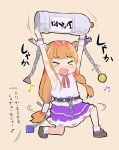  &gt;_&lt; 1girl armpits arms_up bangs bare_arms bare_shoulders beamed_eighth_notes beige_background belt black_belt black_footwear blunt_bangs blush chain closed_eyes commentary_request cuffs eighth_note eyebrows_visible_through_hair holding horn_ribbon ibuki_suika miniskirt musical_note nose_blush one_knee oni oni_horns orange_hair purple_ribbon purple_skirt puuakachan ribbon shackles shirt shoes simple_background skirt sleeveless sleeveless_shirt socks solo touhou translation_request white_legwear white_shirt 