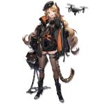  1girl :d animal_ear_fluff animal_ears arknights bangs beret black_coat black_footwear black_headwear black_jacket black_skirt blonde_hair boots bow bowtie breasts brown_legwear chain collared_shirt curly_hair drill_hair drone fang flail full_body geya_(yoomario) green_eyes hand_up hat high-waist_skirt high_heel_boots high_heels holding holding_weapon jacket jacket_on_shoulders large_breasts long_hair long_sleeves looking_at_viewer official_art open_mouth orange_neckwear pouch shirt sidelocks single_knee_pad skirt smile solo striped_tail swire_(arknights) tachi-e tail tail_ring thigh-highs thigh_pouch thigh_strap tiger_ears tiger_girl tiger_tail transparent_background very_long_hair weapon white_shirt 