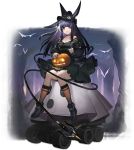  1girl :o alternate_costume animal_ears ankle_boots arknights bangs bare_shoulders black_dress black_hair black_headwear blush boots breasts choker double-breasted dress eyebrows_visible_through_hair gradient_hair grey_eyes hair_ornament hand_up hat heibaise_jiangshi highres jack-o&#039;-lantern lancet-2_(arknights) long_hair long_sleeves looking_at_viewer medium_breasts multicolored_hair off-shoulder_dress off_shoulder official_art purple_hair rabbit_ears robot rope_(arknights) sitting skull_hair_ornament socks solo 