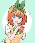  /\/\/\ 1girl bangs blue_eyes blush bow breasts collar commentary_request eyebrows_behind_hair food go-toubun_no_hanayome green_background green_bow green_ribbon hair_between_eyes hair_ribbon holding holding_food kujou_karasuma looking_at_viewer medium_breasts nakano_yotsuba open_mouth orange_hair plaid plaid_bow ribbon shirt short_sleeves signature solo sweater_vest taiyaki two-tone_background upper_body wagashi white_background white_shirt 