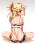  1girl ass bandeau bare_legs blonde_hair blush braid breasts commentary_request cutoffs denim denim_shorts fate/apocrypha fate/grand_order fate_(series) french_braid from_behind gradient gradient_background green_eyes hair_ornament hair_scrunchie highres indian_style long_hair looking_at_viewer looking_back medium_breasts micro_panties micro_shorts mordred_(fate)_(all) o-ring o-ring_bottom o-ring_panties open_mouth panties red_panties red_scrunchie scrunchie shadow shorts simple_background sitting solo strap_slip underwear yoshi_tama 
