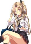  1girl absurdres alternate_costume azur_lane bag bangs black_legwear black_skirt blonde_hair breast_pocket cellphone cleveland_(azur_lane) collared_shirt crossed_legs earphones earphones hair_intakes highres holding holding_cellphone holding_earphone holding_phone kneehighs long_hair long_sleeves looking_at_viewer macaroni_hourensou one_side_up phone pleated_skirt pocket school_bag school_uniform shirt simple_background single_earphone_removed sitting skirt smartphone smile solo white_background white_shirt yellow_eyes 