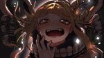 1girl :d backlighting bags_under_eyes bangs blonde_hair blush boku_no_hero_academia close-up crazy_smile double_bun eyebrows_visible_through_hair fangs hair_intakes hand_to_own_mouth highres looking_at_viewer messy_hair open_mouth portrait scarf sidelocks smile solo teeth toga_himiko yellow_eyes you_gonna_get_raped zd_(pixiv6210083) 