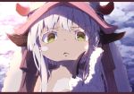  1other absurdres androgynous boro_(tn-boro) eyebrows_visible_through_hair furry helmet highres letterboxed long_hair looking_at_viewer made_in_abyss nanachi_(made_in_abyss) parted_lips upper_body whiskers white_hair yellow_eyes 