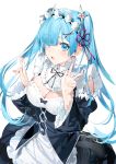  1girl alternate_hair_length alternate_hairstyle blue_eyes blue_hair detached_sleeves double_v hair_ornament hair_over_one_eye hair_ribbon highres looking_at_viewer maid pink_ribbon re:zero_kara_hajimeru_isekai_seikatsu rem_(re:zero) ribbon simple_background solo twintails_day umibouzu_(niito) v white_background x_hair_ornament 