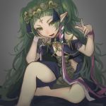  1girl braid dress fire_emblem fire_emblem:_three_houses green_eyes green_hair grey_background hair_ornament highres konya_(chocolate_palette) long_hair open_mouth pointy_ears ribbon_braid simple_background sitting solo sothis_(fire_emblem) tiara twin_braids 