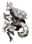  1girl animal_ear_fluff animal_ears arknights bangs bead_necklace beads bell belt black_belt black_cape black_footwear boots braid breasts cape commentary dress english_commentary eyebrows_visible_through_hair full_body fur-trimmed_boots fur_trim grey_eyes grey_legwear hair_between_eyes head_chain high_heel_boots high_heels highres holding holding_bell jewelry knee_boots leopard_ears leopard_tail lim_aya_w long_hair long_sleeves looking_at_viewer medium_breasts necklace pramanix_(arknights) silver_hair simple_background smile solo tail thigh-highs thighs turtleneck twin_braids very_long_hair white_background white_dress wide_sleeves zettai_ryouiki 