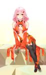  1girl absurdres bare_shoulders breasts center_opening detached_sleeves fingerless_gloves full_body gloves guilty_crown hair_ornament hairclip highres long_hair looking_at_viewer medium_breasts navel pink_hair red_eyes sarina_(tosiyukiryousuke) sitting solo twintails yuzuriha_inori 