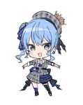  1girl beret blue_eyes blue_hair blush_stickers bow chibi commentary crown frills full_body hair_bow hat hololive hoshimachi_suisei idol_clothes looking_at_viewer open_mouth plaid short_sleeves side_ponytail smile symbol_commentary teshima_nari virtual_youtuber 