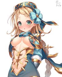  1girl ahoge aqua_eyes awakening_(sennen_sensou_aigis) bettle_(b_s_a_n) blonde_hair blue_bow blush bow braid breasts chestnut_mouth fermi_(sennen_sensou_aigis) gold_trim hair_bow highres long_hair looking_at_viewer midriff sennen_sensou_aigis small_breasts solo standing upper_body very_long_hair white_background 