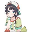  1girl backwards_hat baggy_clothes bangs baseball_cap black_hair blue_eyes blush closed_mouth commentary hand_on_own_cheek hat hololive looking_at_viewer megaphone oozora_subaru shirt short_hair short_sleeves simple_background sitting smile solo stopwatch striped striped_shirt symbol_commentary teshima_nari upper_body vertical-striped_shirt vertical_stripes virtual_youtuber watch white_background 