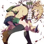  1girl akeru arm_between_legs bags_under_eyes bangs bent_over black_legwear blonde_hair blood boku_no_hero_academia double_bun fangs full_body holding holding_knife holding_weapon kneehighs knife loafers long_sleeves looking_at_viewer looking_down medium_hair messy_hair miniskirt navy_blue_skirt open_mouth pleated_skirt scarf shoes sidelocks simple_background skirt sleeves_past_wrists smile solo sweater thigh_strap toga_himiko weapon white_background yellow_eyes 