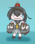  1girl 3others ? ahoge akizuki_(kantai_collection) black_hair blue_background blush bokukawauso chibi enemy_lifebuoy_(kantai_collection) eyebrows_visible_through_hair hachimaki headband highres johnny_(sibatay) kantai_collection machinery multiple_others neckerchief ponytail school_uniform serafuku simple_background wavy_mouth yellow_neckwear 