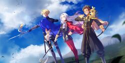  1girl 2boys absurdres arrow axe blonde_hair blue_sky boots bow_(weapon) brown_hair capelet claude_von_riegan dark_skin dark_skinned_male dimitri_alexandre_blaiddyd edelgard_von_hresvelg fire_emblem fire_emblem:_three_houses garreg_mach_monastery_uniform gen_8_pokemon grin grookey highres huge_filesize long_hair multiple_boys pantyhose pokemon pokemon_on_shoulder polearm red_legwear scorbunny sky smile sobble spear sword tuze111 weapon white_hair 