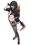  1girl absurdres bangs black_gloves black_hair full_body gloves hand_on_hip highres looking_at_viewer mask midriff navel orange_eyes original see-through short_hair simple_background single_glove sketch solo tex_(3red_dot) weapon white_background 