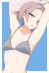  1girl armpits arms_up blue_background blue_eyes blush bra breasts grey_bra grey_hair hands_above_head hi_iro looking_at_viewer mole mole_on_breast mole_under_eye navel original parted_lips short_hair simple_background solo underwear undressing upper_body 