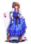  1girl ace_of_hearts black_ribbon blue_dress boots brown_footwear brown_hair card dress heart highres messy_hair okiguro original playing_card red_eyes ribbon side_ponytail simple_background smile solo white_background wrist_cuffs 