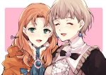  2girls annette_fantine_dominic blonde_hair closed_eyes earrings fire_emblem fire_emblem:_three_houses green_eyes jewelry long_hair mercedes_von_martritz multiple_girls naho_(pi988y) open_mouth orange_hair pink_background short_hair simple_background twitter_username upper_body 