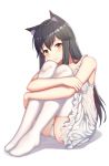  1girl alternate_costume animal_ear_fluff animal_ears arknights ass bangs bare_arms bare_shoulders bencao_gangmu_(anquan_sy) black_hair blush brown_eyes collarbone commentary_request dress eyebrows_visible_through_hair hair_between_eyes head_tilt highres knees_up leg_hug long_hair looking_at_viewer no_shoes panties pantyshot pantyshot_(sitting) shadow short_dress sidelocks simple_background sitting smile solo spaghetti_strap texas_(arknights) thigh-highs underwear white_background white_dress white_panties wolf_ears 