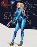  1girl artist_name azto_dio bangs blonde_hair blue_bodysuit blue_eyes bodysuit breasts character_name commentary copyright_name full_body gun hair_between_eyes highres holding holding_gun holding_weapon large_breasts long_hair looking_at_viewer metroid ponytail samus_aran skin_tight solo standing watermark weapon web_address zero_suit 