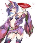  1girl alcohol bangs blush bob_cut breasts cup eyeliner fate/grand_order fate_(series) headpiece highres horns japanese_clothes kasumi_komo kimono long_sleeves looking_at_viewer makeup navel oni oni_horns open_mouth purple_hair purple_kimono revealing_clothes sakazuki sake short_eyebrows short_hair shuten_douji_(fate/grand_order) simple_background skin-covered_horns small_breasts smile solo violet_eyes white_background 
