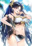  1girl a2ki armlet asymmetrical_legwear asymmetrical_sleeves bangs bare_shoulders blush breasts detached_collar earrings fate/grand_order fate_(series) hoop_earrings ishtar_(fate)_(all) ishtar_(fate/grand_order) jewelry long_hair looking_at_viewer neck_ring parted_bangs solo tiara 
