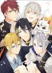  5boys absurdres aqua_eyes arm_around_neck black_gloves black_hair blonde_hair blue_eyes coma_(macaron) fox gloves grey_eyes headband highres japanese_clothes kiwame_(touken_ranbu) konnosuke male_focus mikazuki_munechika multiple_boys necktie ookanehira_(touken_ranbu) open_mouth petals redhead sayagata smile touken_ranbu tsurumaru_kuninaga upper_body white_hair yamanbagiri_chougi yamanbagiri_kunihiro yellow_eyes 