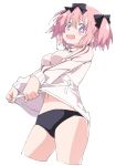  +_+ 1girl :d black_bow black_buruma blush bow breasts buruma hair_bow hibari_(senran_kagura) ixy jacket long_hair long_sleeves looking_at_viewer medium_breasts navel open_mouth pink_hair senran_kagura short_hair smile solo track_jacket violet_eyes white_background 