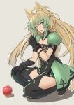  1girl ahoge animal_ears atalanta_(fate) bangs blonde_hair blush braid breasts cat_ears cat_tail commentary_request eyebrows_visible_through_hair fate/apocrypha fate_(series) gloves gradient_hair green_eyes green_hair hair_between_eyes long_hair looking_at_viewer multicolored_hair nahu open_mouth simple_background solo tail thigh-highs two-tone_hair very_long_hair 