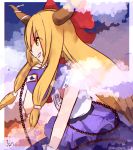  1girl abstract_background blonde_hair chain clouds eyebrows eyebrows_visible_through_hair from_side hair_ribbon highres horns ibuki_suika long_hair mozuno_(mozya_7) open_clothes open_eyes open_shirt purple_skirt red_ribbon ribbon shirt skirt smile solo teeth touhou upper_body white_shirt 