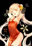  1girl absurdres armpits arms_up black_background black_gloves black_legwear blonde_hair breasts china_dress chinese_clothes covered_navel cowboy_shot dress elbow_gloves floral_background flower gloves hair_flower hair_ornament highres hon_(neo2462) long_hair looking_at_viewer open_mouth red_dress red_eyes red_flower red_rose rose simple_background small_breasts solo sweat thigh-highs twintails very_long_hair white_flower white_rose yellow_flower yellow_rose 